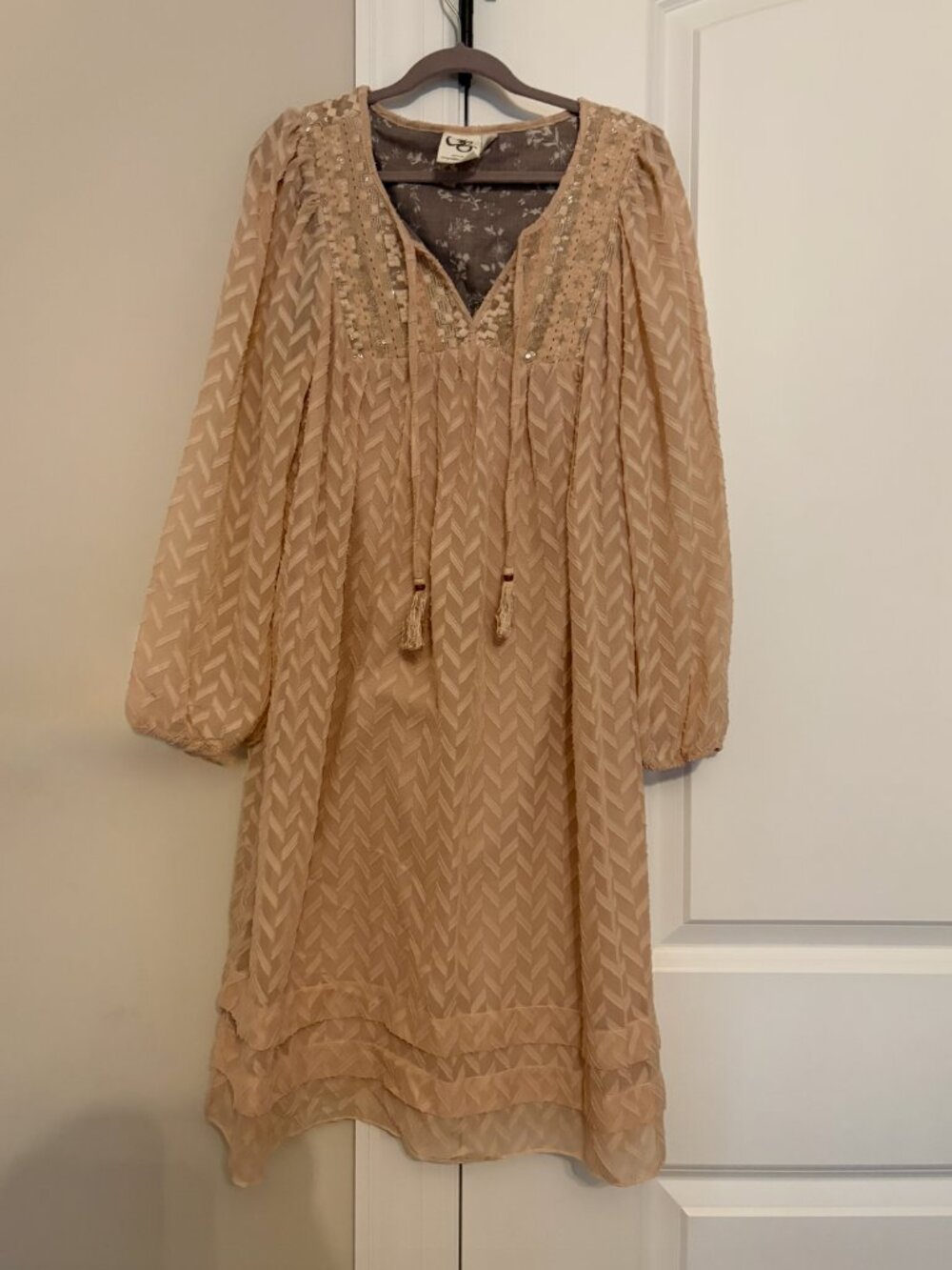 One September Anthropologie XS Blush Boho Embellished Shift Dress Tassel